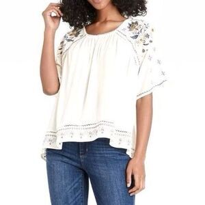 Knox Rose Embroidered Floral Babydoll Top Size Small Blouse Boho Flowy